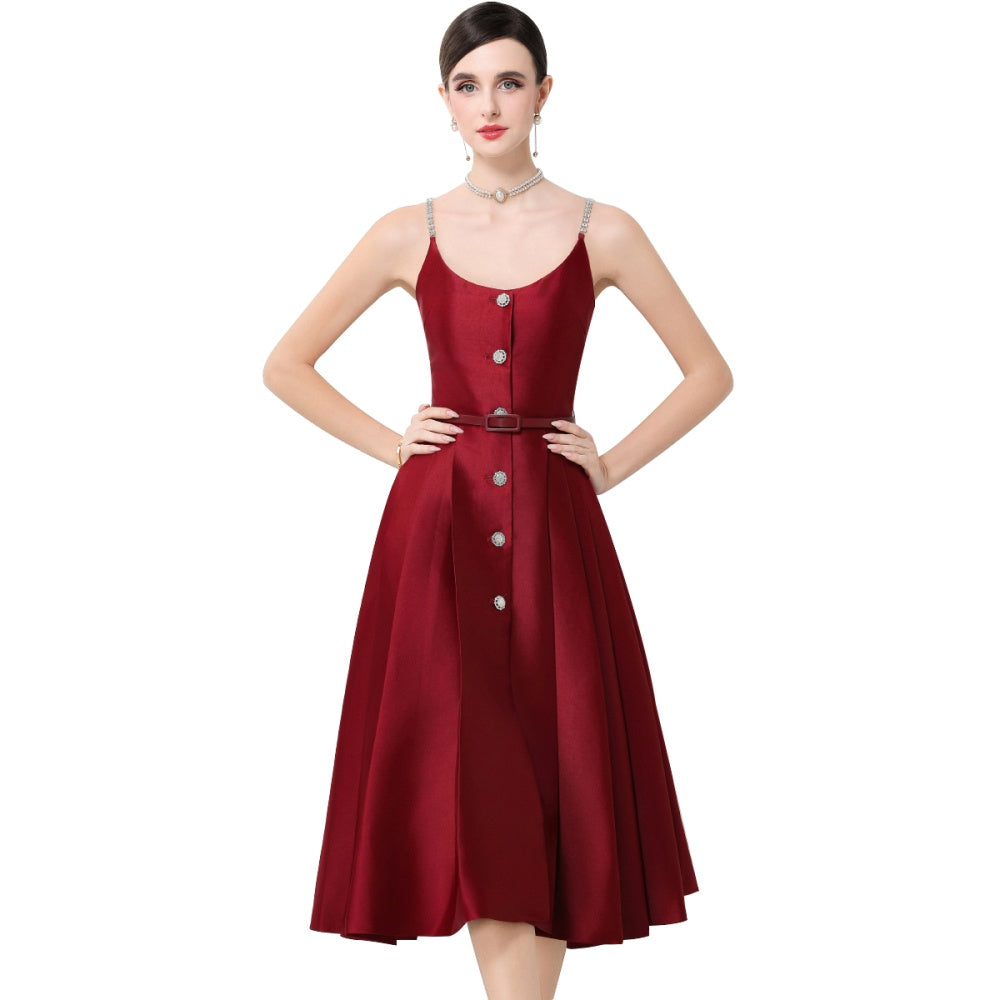 CM-DY061926 Women Elegant European Style Spaghetti Strap Rhinestone Decor Sleeveless A-Line Midi Dress - Wine Red