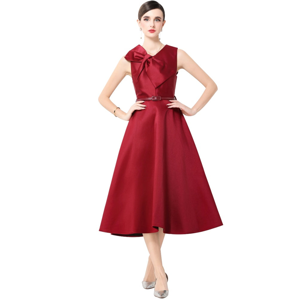 CM-DY061927 Women Elegant European Style V-Neck Big Bow Decor Sleeveless Belted Midi Dress - Wine Red