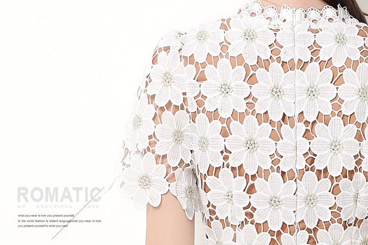CM-DY062179 Women Elegant European Style Hollow Out Lace V-Neck Short Sleeve Mid-Length A-Line Dress - White