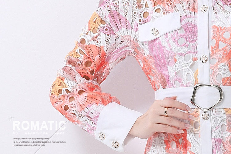 CM-DY062529 Women Elegant European Style Hollow Out Embroidered Collar Neckline Long Sleeve Mid-Length Dress