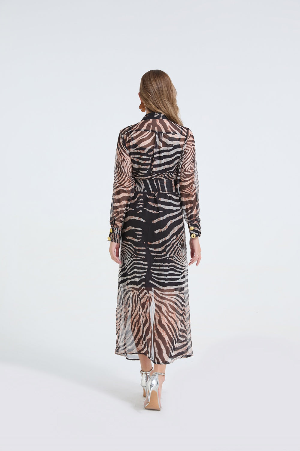 CM-DY062594 Women Elegant European Style Leopard Print Collar Neckline Pinched Waist Metal Buckles Dress Shirt