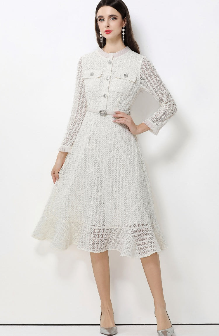CM-DY062782 Women Elegant European Style Stand Collar Long Sleeve Lace Midi Dress With Belt - White