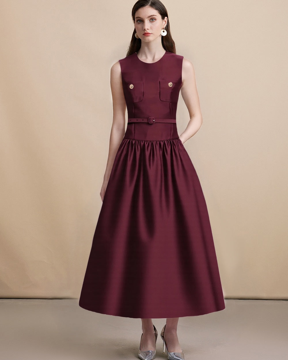 CM-DY062785 Women Elegant European Style Round Neck Sleeveless Mid Length Dress With Belt - Wine Red
