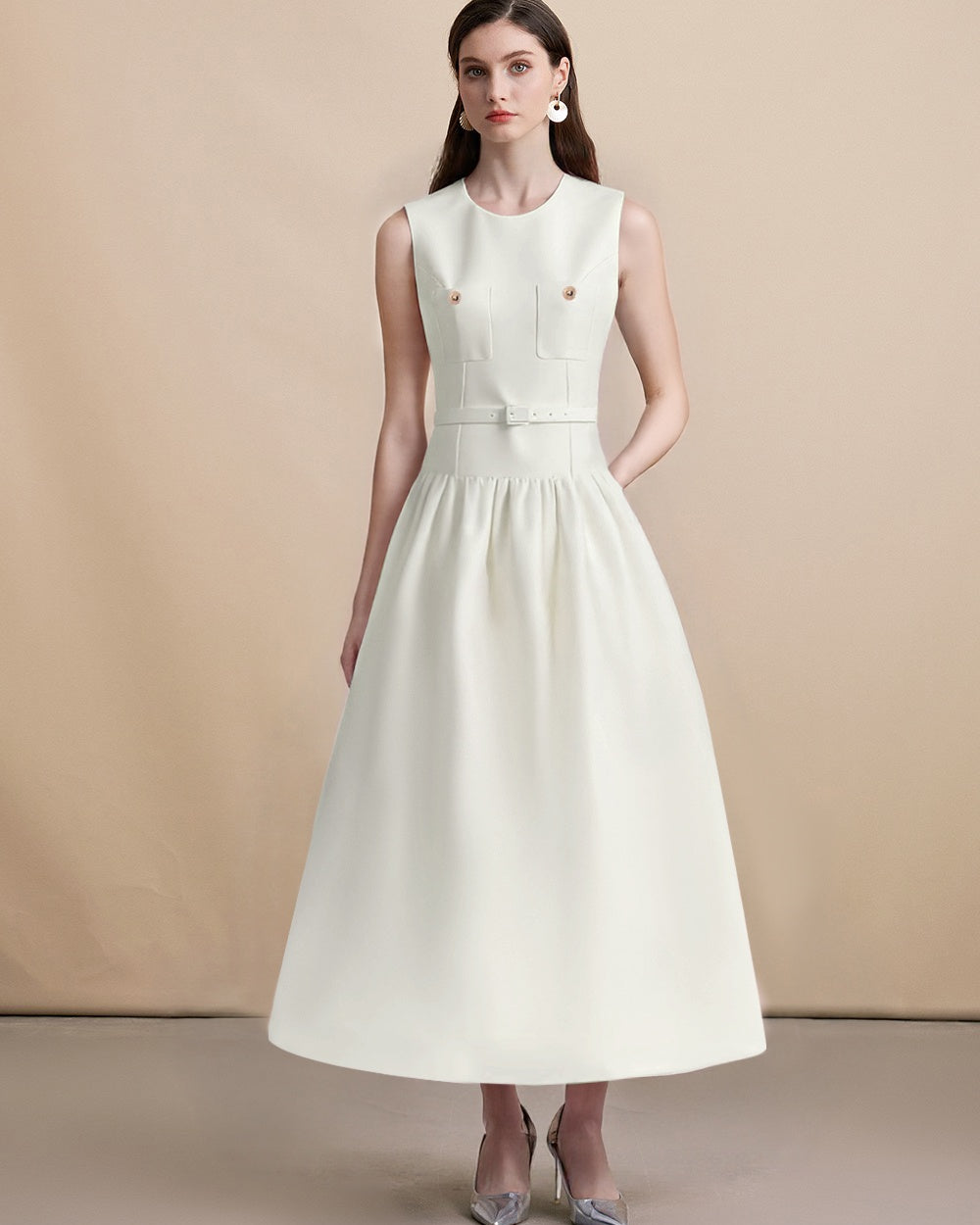 CM-DY062786 Women Elegant European Style Round Neck Sleeveless Mid Length Dress With Belt - Apricot