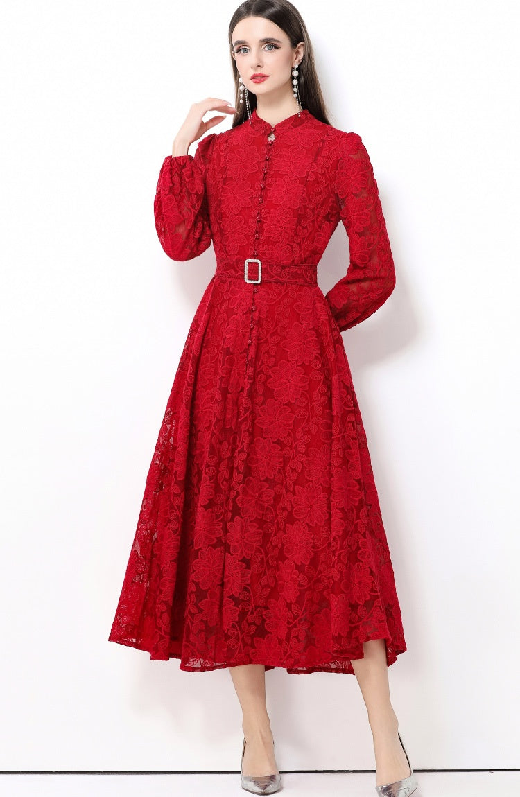 CM-DY063927 Women Elegant European Style Stand Collar Long Sleeve Lace Midi Dress - Red