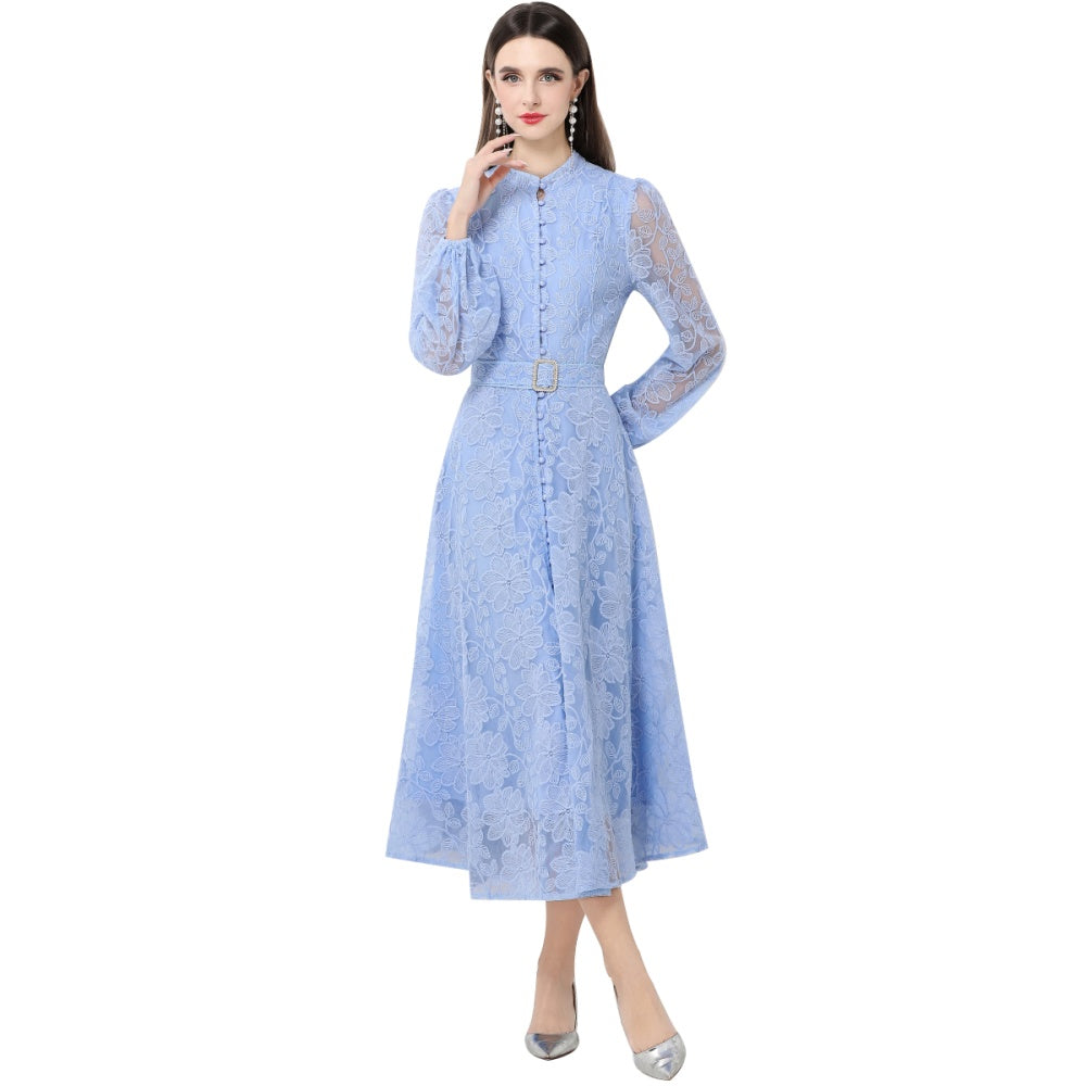 CM-DY063928 Women Elegant European Style Stand Collar Long Sleeve Lace Midi Dress - Blue