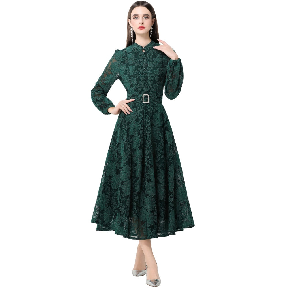 CM-DY063929 Women Elegant European Style Stand Collar Long Sleeve Lace Midi Dress - Green