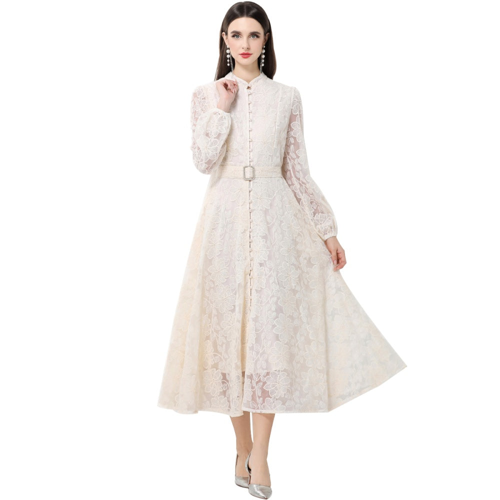 CM-DY063930 Women Elegant European Style Stand Collar Long Sleeve Lace Midi Dress - Apricot