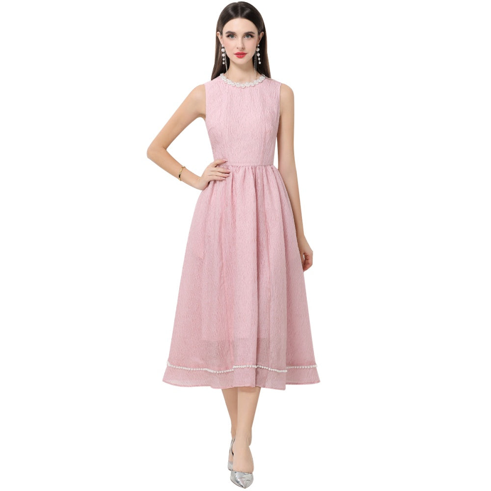 CM-DY063931 Women Elegant European Style Round Neck Sleeveless High Waist Midi Dress - Pink