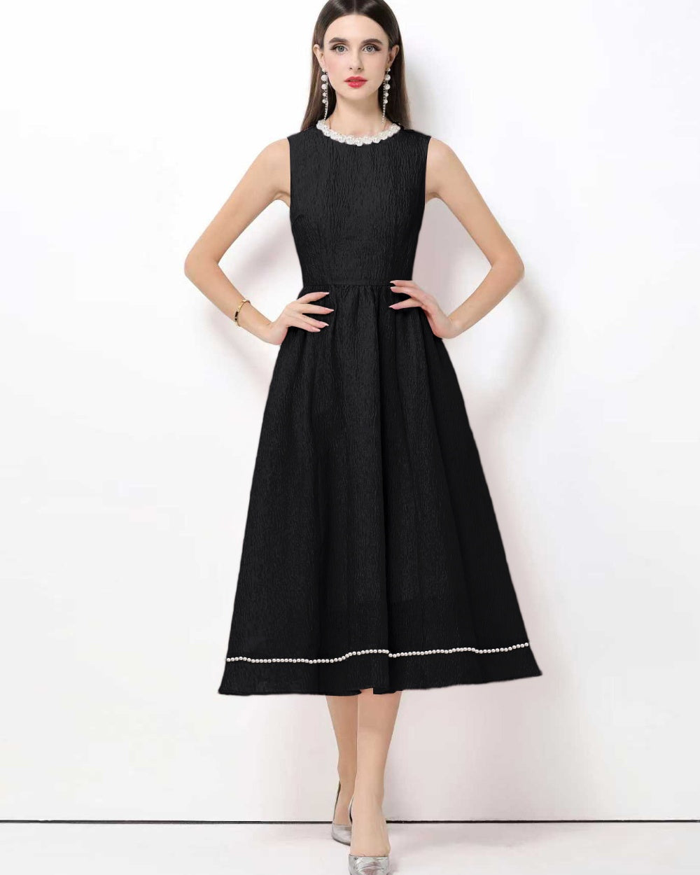 CM-DY063932 Women Elegant European Style Round Neck Sleeveless High Waist Midi Dress - Black