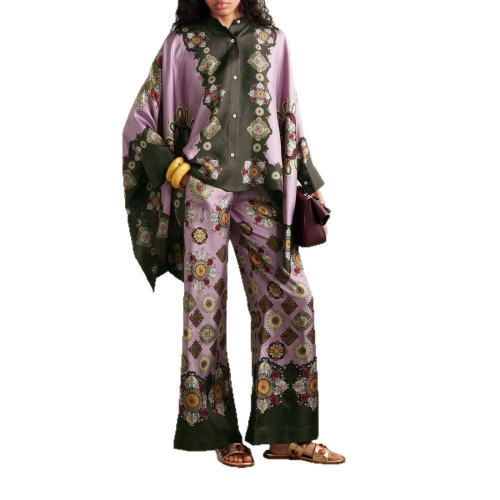 CM-SY064222 Women Elegant European Style Satin Stand Collar Batwing Sleeve Blouse With Loose Long Pants - Set