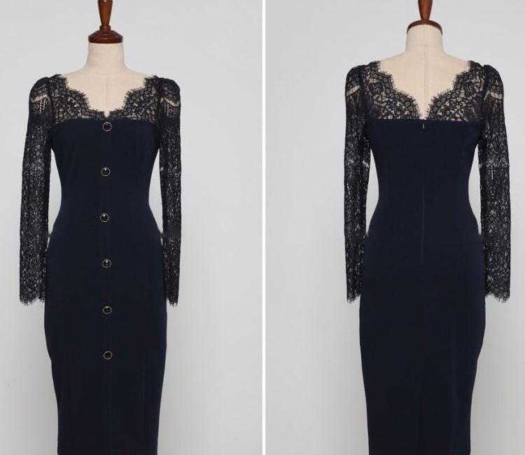CM-DY064681 Women Elegant European Style V-Neck Long SLeeve Pinched Waist Lace Midi Dress - Blue