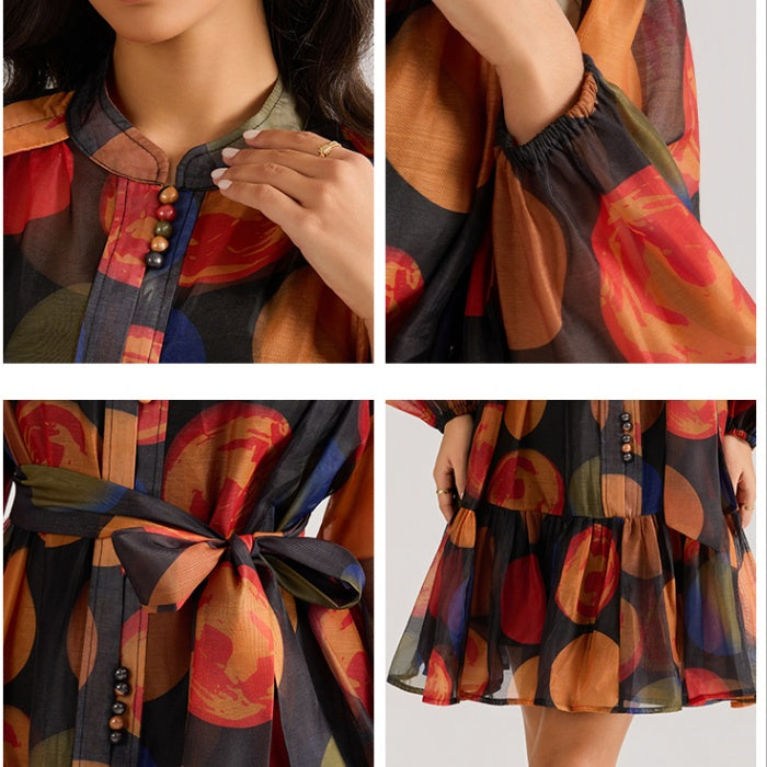 CM-DY064876 Women Elegant European Style Stand Collar Long Sleeve Gauze Mini Dress