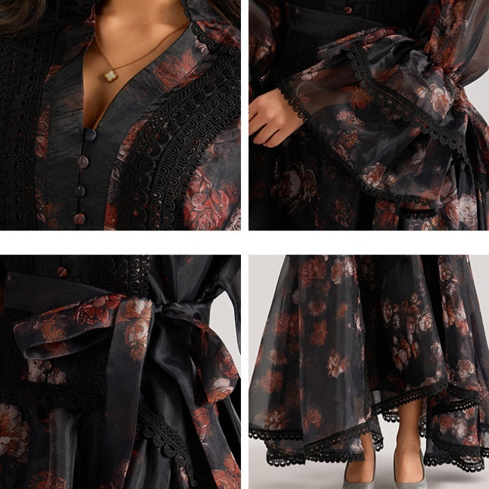 CM-DY064877 Women Elegant Seoul Style Lace Stand Collar Trumpet Sleeve Floral Print Long Dress - Black