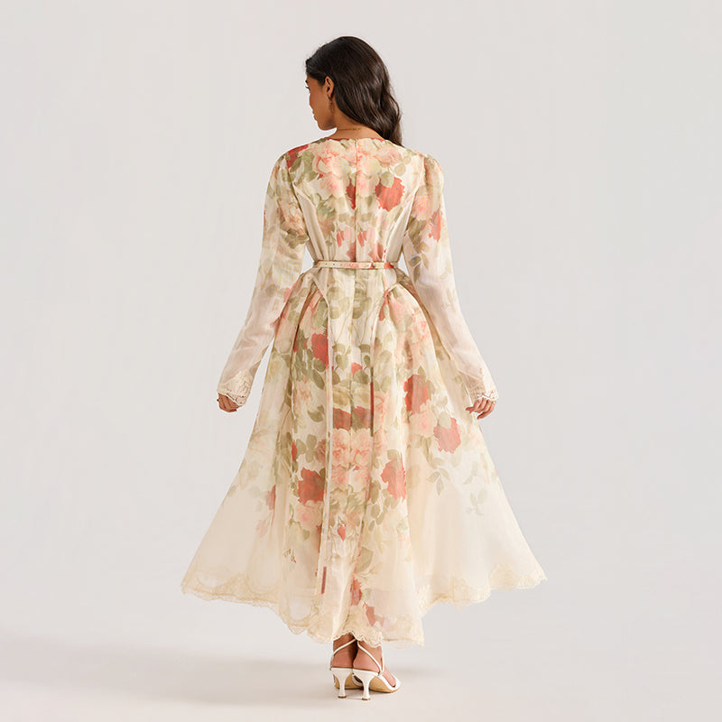 CM-DY064878 Women Elegant European Style All-Over Print Round Neck Long Sleeve Maxi Dress