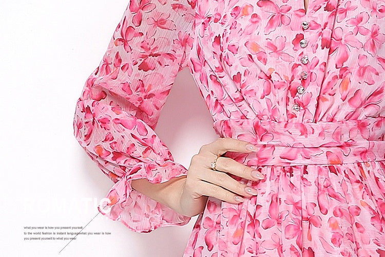 CM-DY064898 Women Elegant European Style Round Neck Long Sleeve All-Over Print Rhinestone Decor Maxi Dress