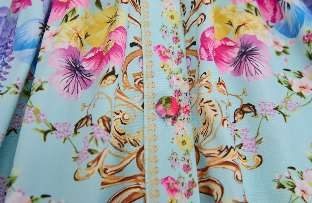 CM-DY064909 Women Elegant European Style Stand Collar 3/4 Sleeve Floral Print Pinched Waist Long Dress