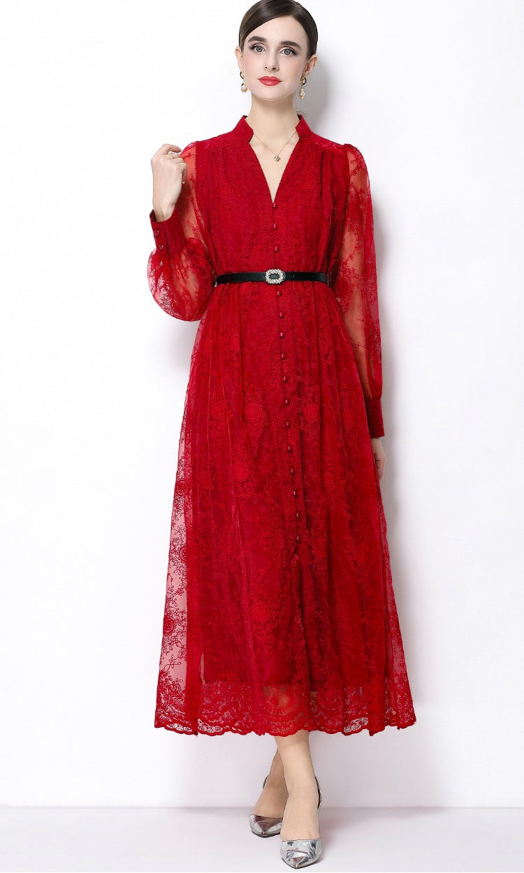 CM-DY064918 Women Elegant European Style Lace Embroidery Stand Collar Lantern Sleeve Mid-Length Dress - Wine Red