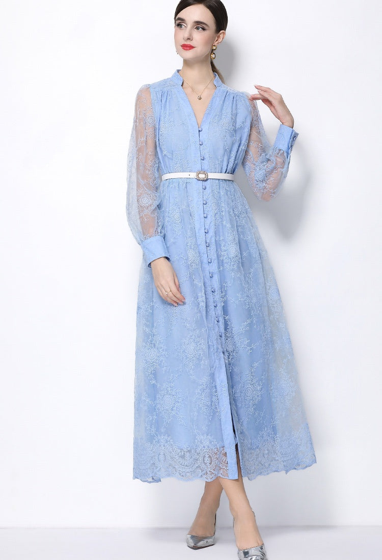CM-DY064919 Women Elegant European Style Lace Embroidery Stand Collar Lantern Sleeve Mid-Length Dress - Blue