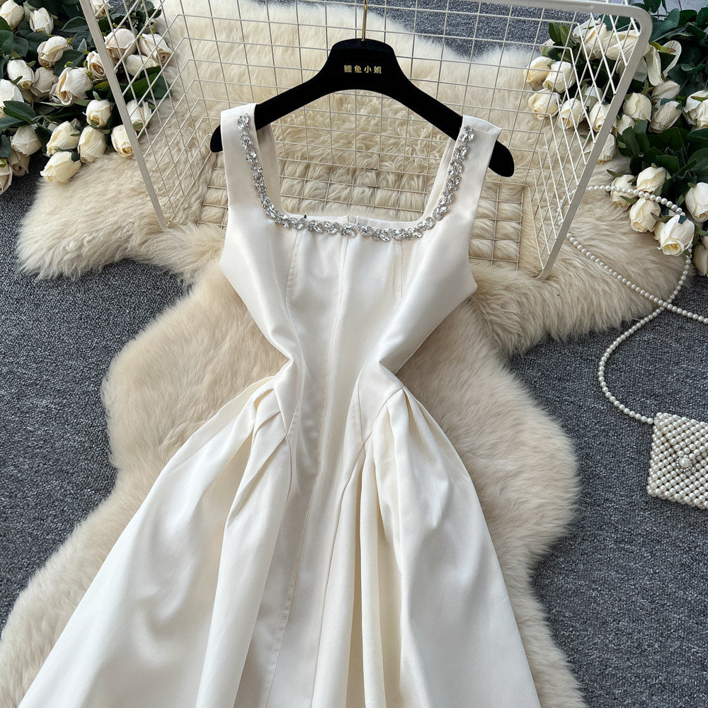 CM-DY064995 Women Elegant European Style Rhinestone Square Collar Sleeveless A-Line Long Dress (Available in 4 colors)