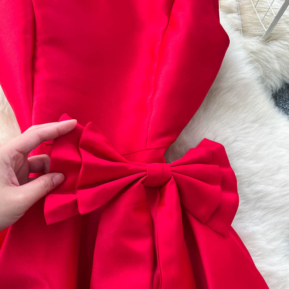 CM-DY065496 Women Elegant European Style Rhinestone Decor Round Neck Sleeveless High Waist Bow A-Line Dress (Available in 4 colors)