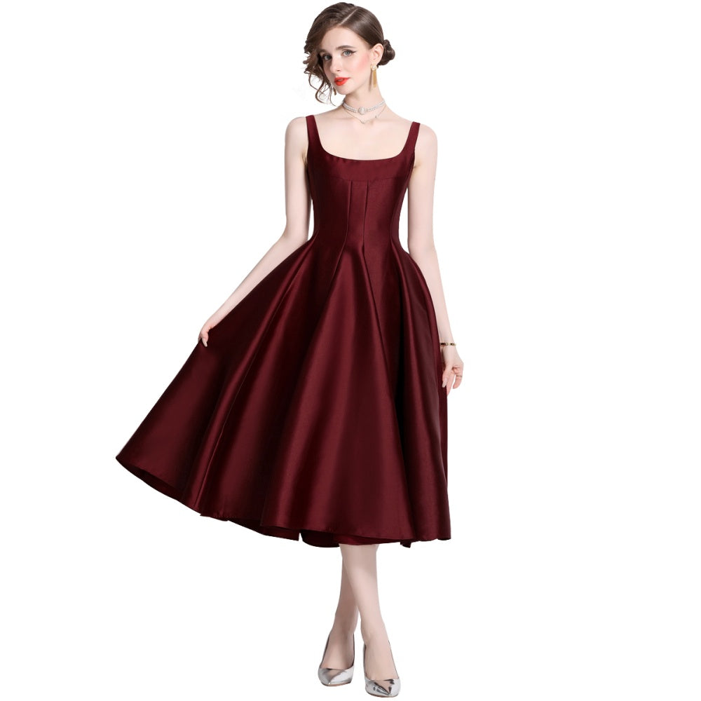 CM-DY065645 Women Elegant European Style Square Collar Sleeveless Pinched Waist A-Line Dress - Dark Red