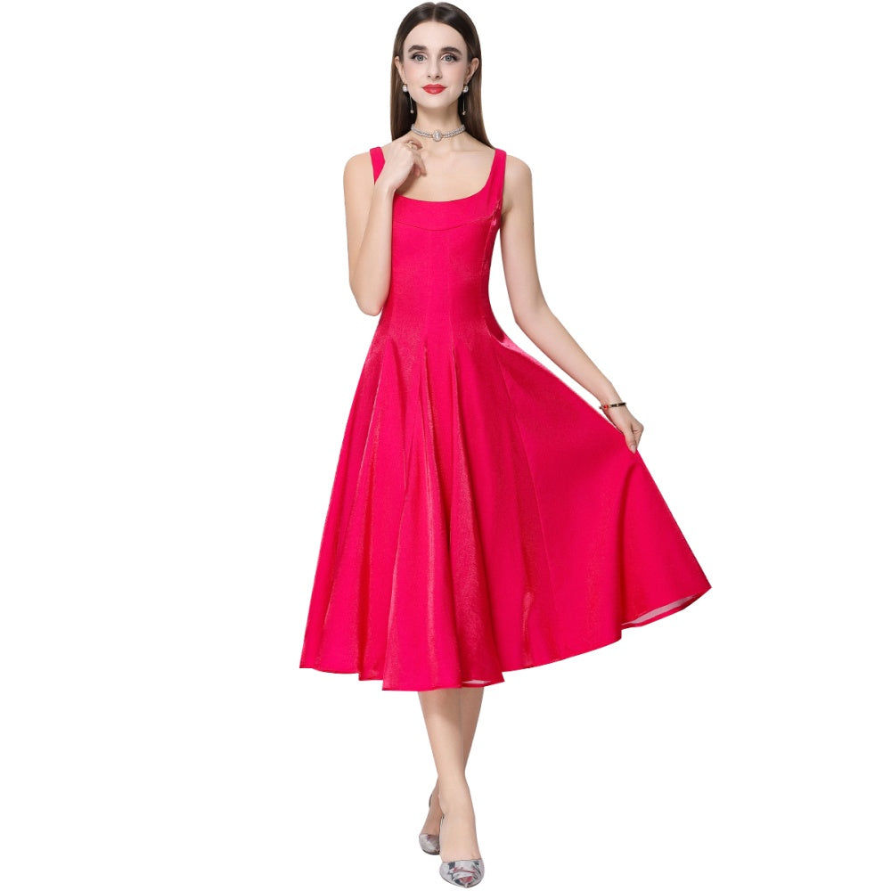 CM-DY065923 Women Elegant European Style Satin Square Neck Sleeveless High Waist A-Line Dress - Rose Red
