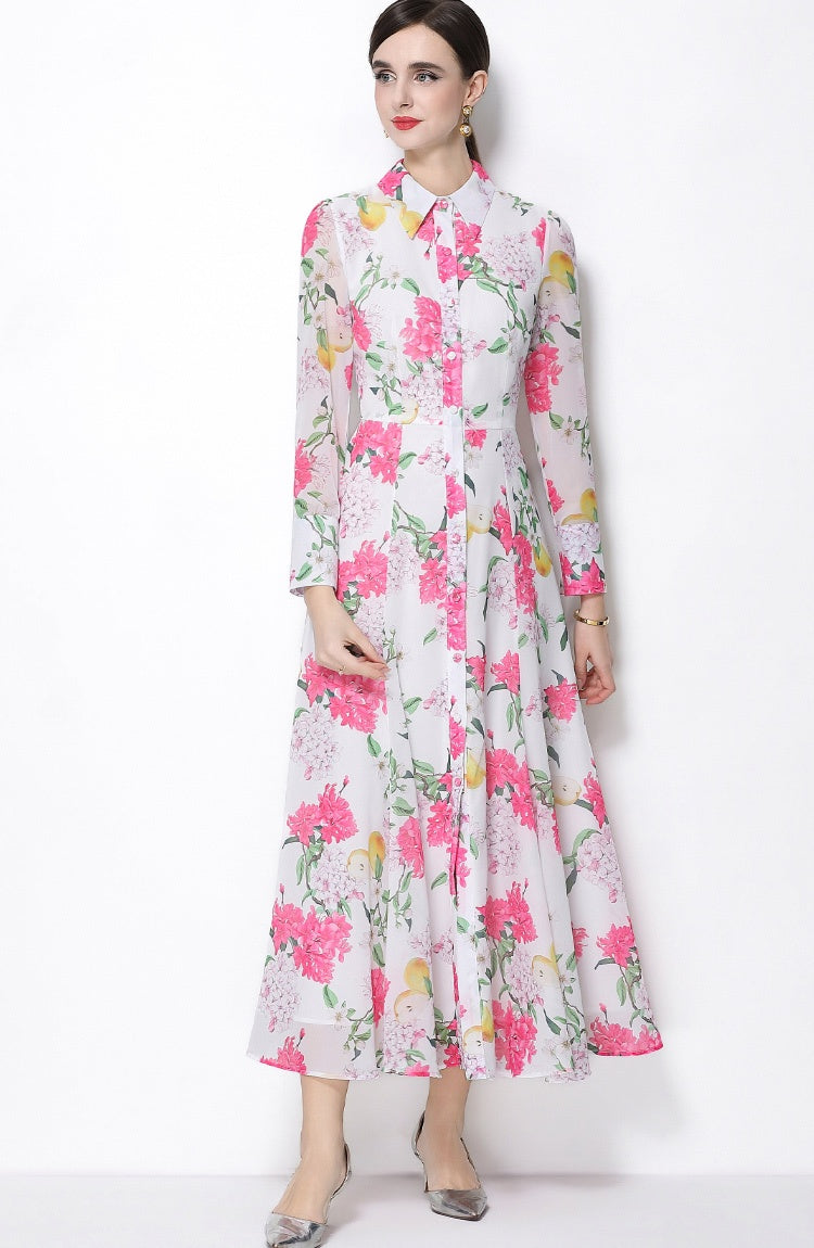 CM-DY066021 Women Elegant European Style Floral Print Lape Neckline Long Sleeve Pinched Waist Dress - Pink