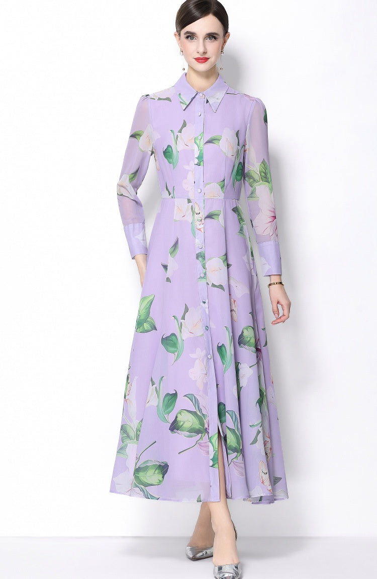 CM-DY066023 Women Elegant European Style Floral Print Collar Neckline Long Sleeve Pinched Waist Dress - Purple