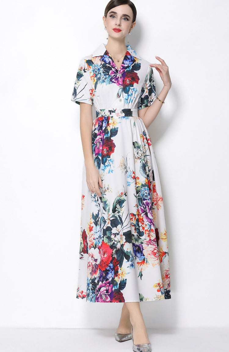 CM-DY066026 Women Elegant European Style Floral Print Collar Neckline Short Sleeve A-Line Long Dress