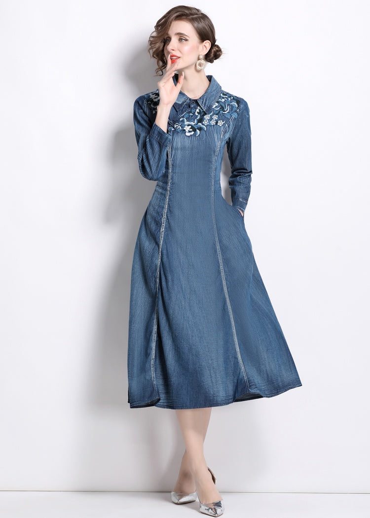 CM-DY066565 Women Elegant European Style Embroidered Collar Neckline Long Sleeve Mid-Length Denim Dress