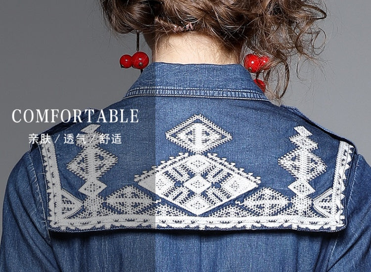 CM-DY066566 Women Elegant European Style Embroidery Collar Neckline Long Sleeve Slim Denim Dress