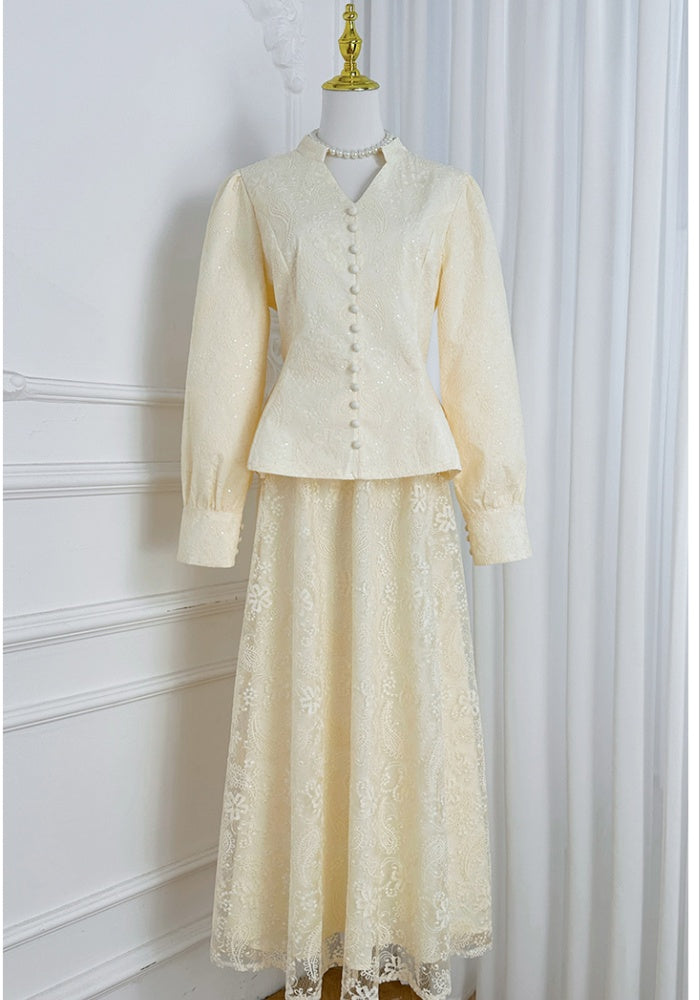 CM-SY067030 Women Elegant European Style V-Neck Long Sleeve Blouse With A-Line Maxi Skirt - Set