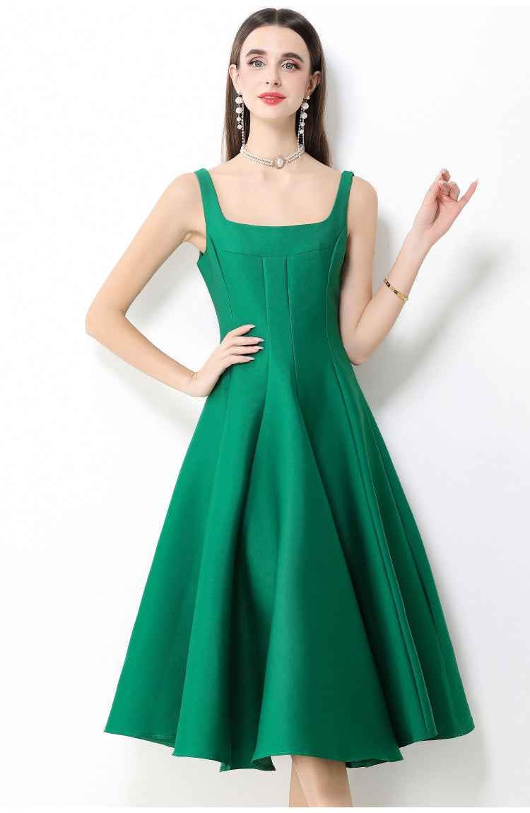 CM-DY067164 Women Elegant European Style Square Neck Sleeveless Pinched Waist A-Line Midi Dress - Green