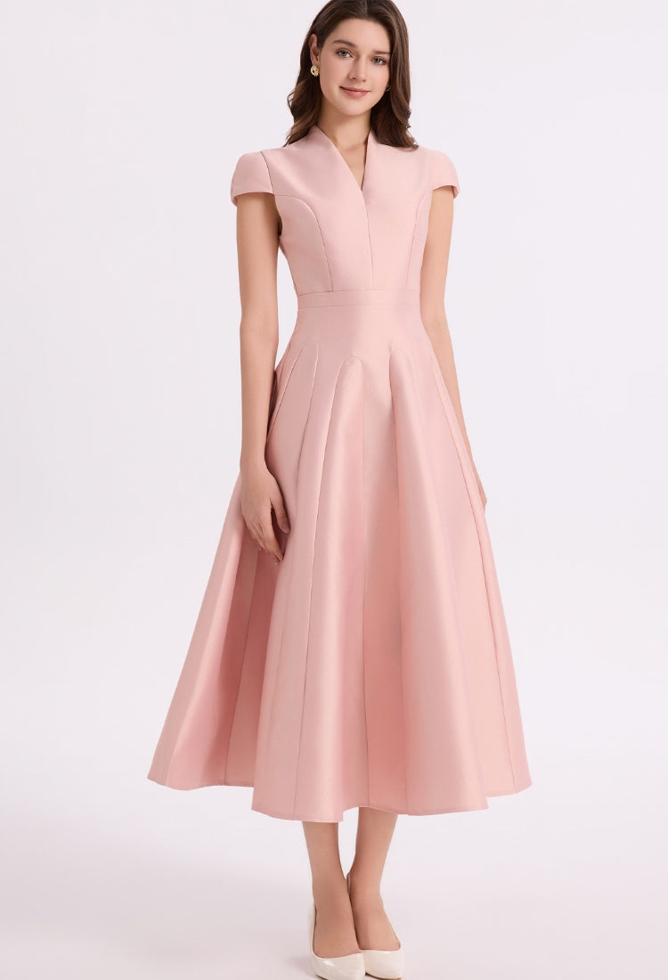 CM-DY067167 Women Elegant European Style V-Neck Short Sleeve High Waist A-Line Mid-Length Dress - Pink
