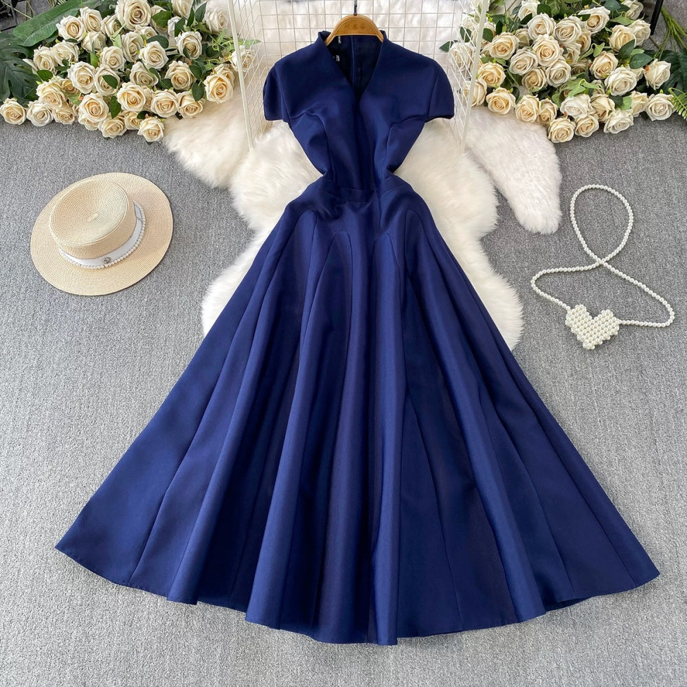 CM-DY067168 Women Elegant European Style V-Neck Short Sleeve High Waist A-Line Long Dress (Available in 5 colors)