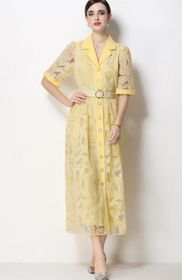 CM-DY067435 Women Elegant European Style Suit Collar Short Sleeve Single Breasted Mid-Length Dress - Yellow