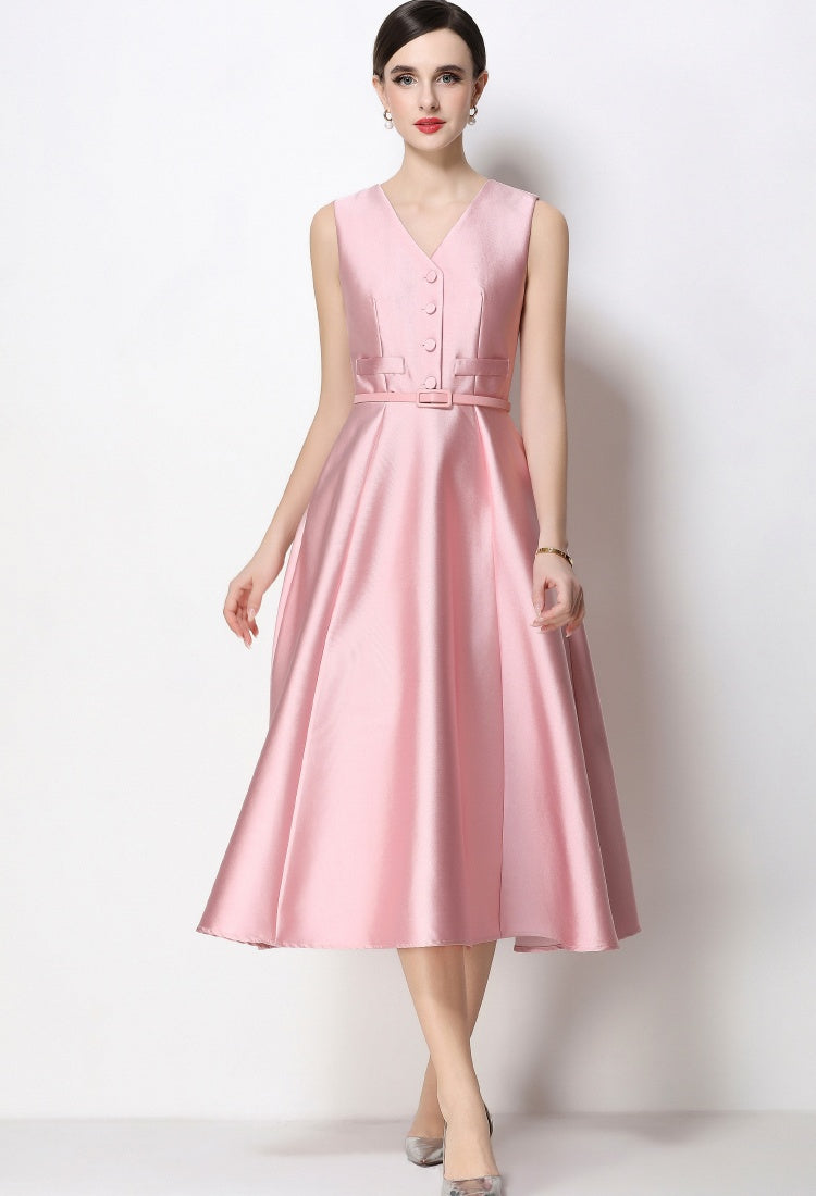 CM-DY067439 Women Elegant European Style V-Neck Sleeveless Belted Single-Breasted Midi Dress - Pink