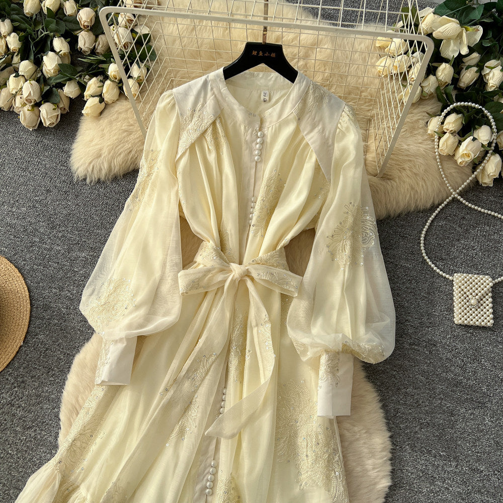 CM-DY067619 Women Elegant European Style Gauze Round Neck Long Sleeve Maxi Dress (Available in 4 colors)