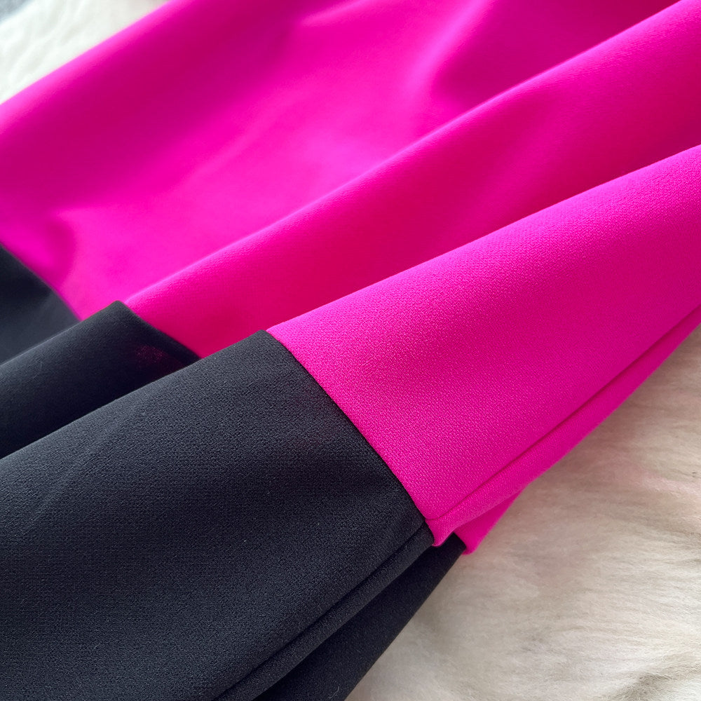 CM-DY067655 Women Elegant European Style Round Neck Long Sleeve Pinched Waist Dress - Rose Red