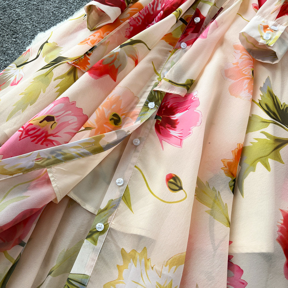 CM-DY067889 Women Elegant Seoul Style Lapel Neckline Floral Print Long Sleeve Maxi Dress