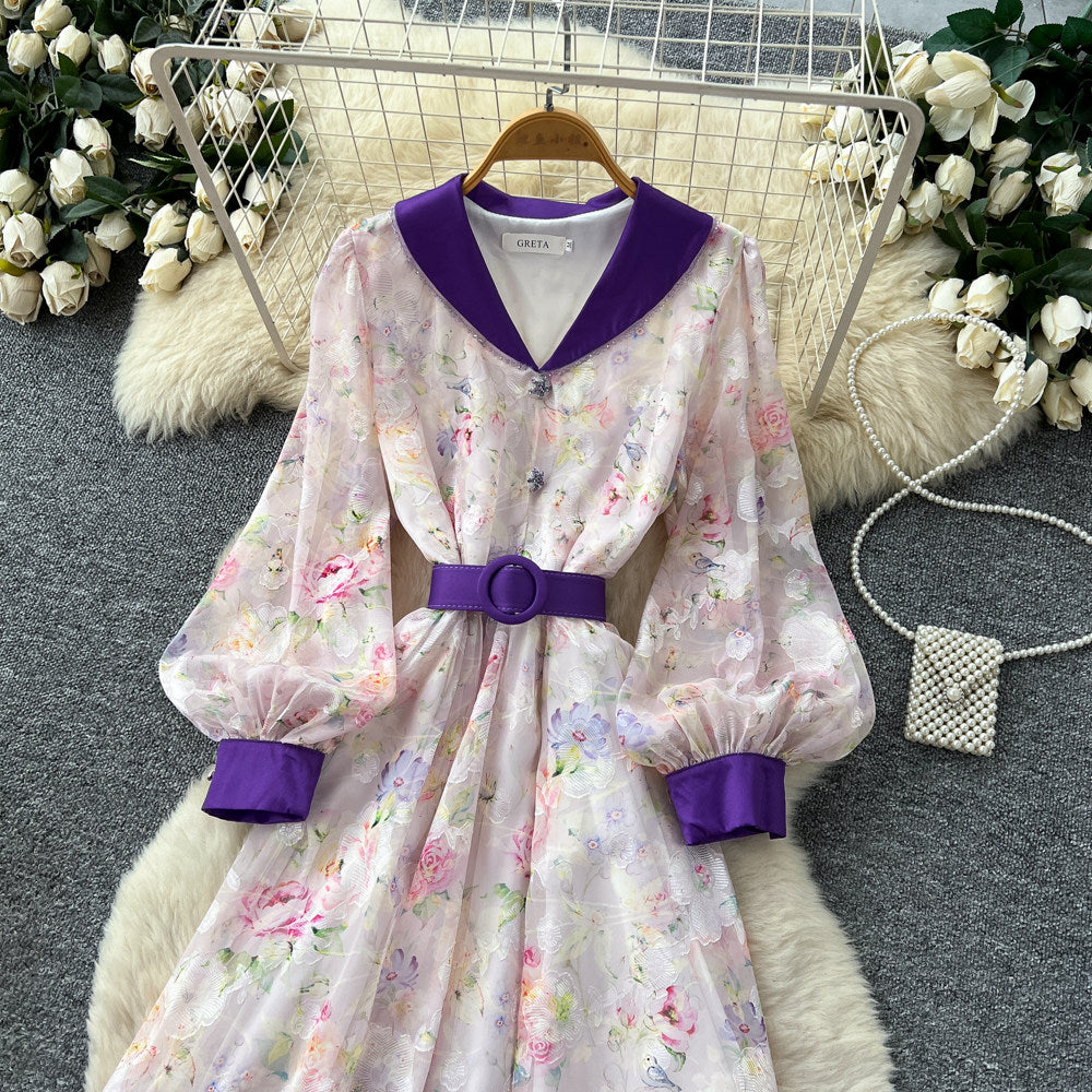 CM-DY067933 Women Elegant European Style V-Neck Lantern Sleeve High Waist Long Dress (Available in 4 colors)