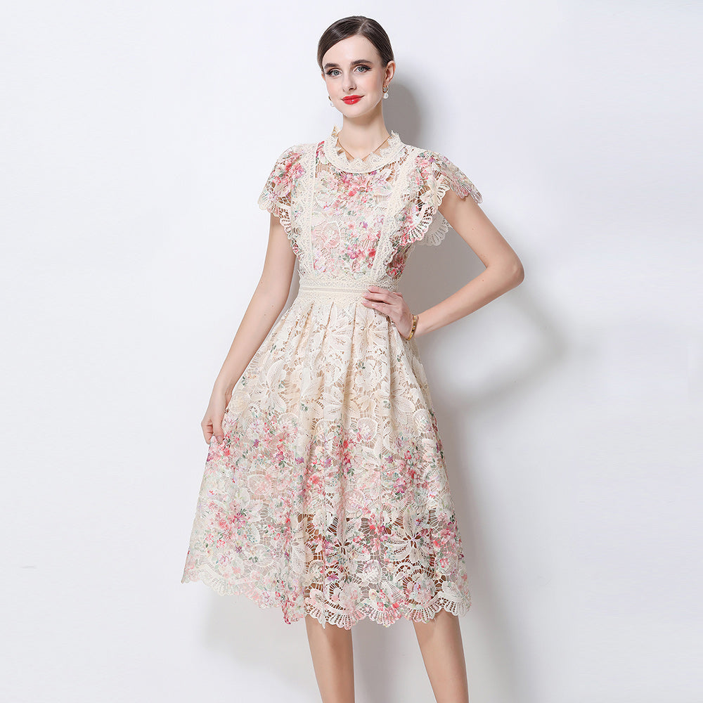 CM-DY068643 Women Elegant European Style Stand Collar Cap Sleeve Lace Crochet Hollow Out Long Dress (Available in 2 colors)