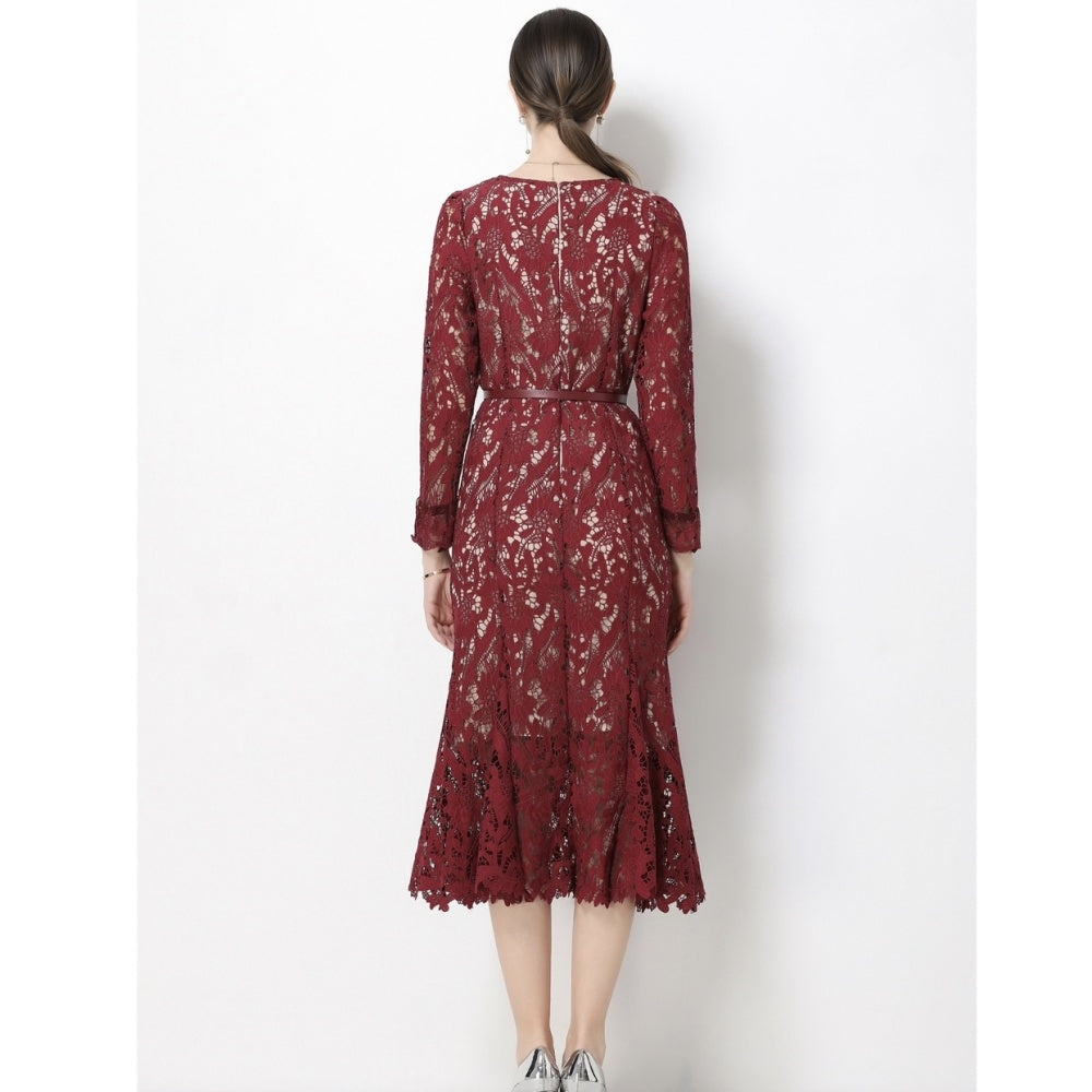 CM-DY068764 Women Elegant European Style Lace Round Neck Trumpet Sleeve Pinched Waist Long Dress - Wine Red