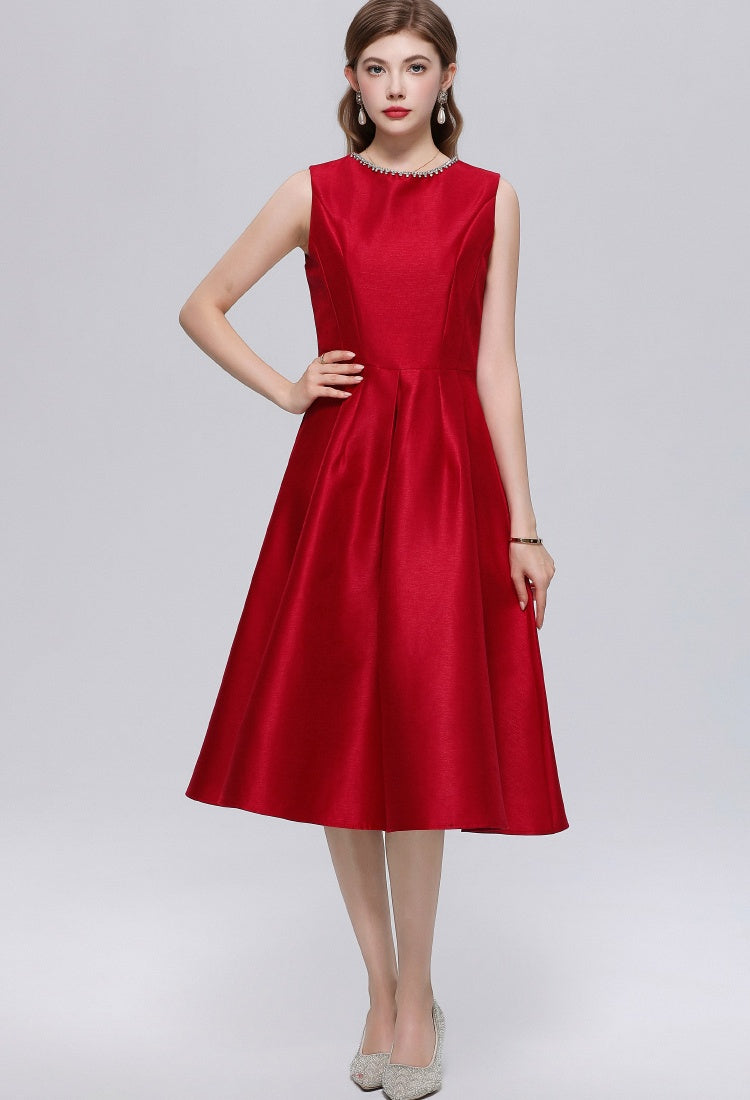 CM-DY069395 Women Elegant European Style Round Neck Sleeveless High Waist Midi A-Line Dress - Red