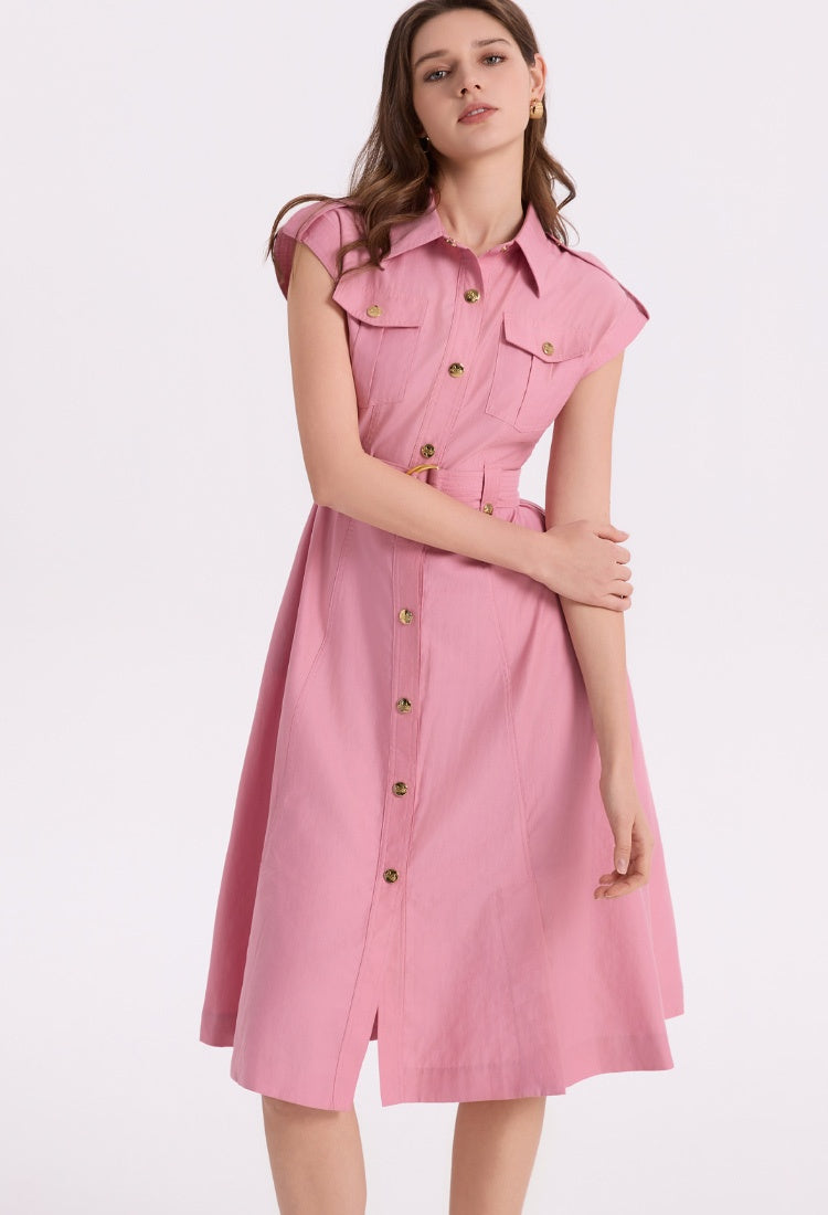 CM-DY069407 Women Elegant European Style Lapel Neckline Sleeveless Pinched Waist A-Line Dress - Pink