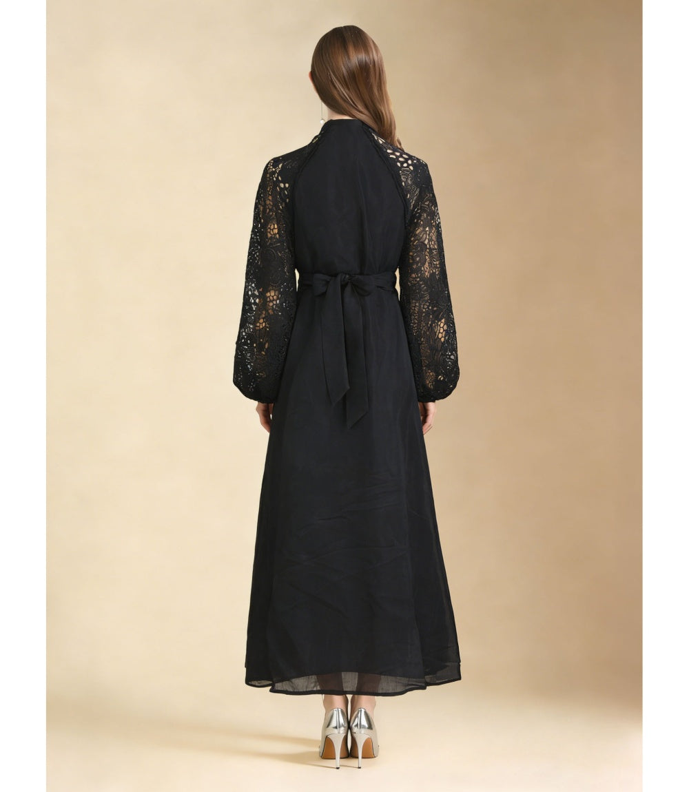 CM-DY069581 Women Elegant European Style Lace V-Neck Lantern Sleeve Long Dress - Black