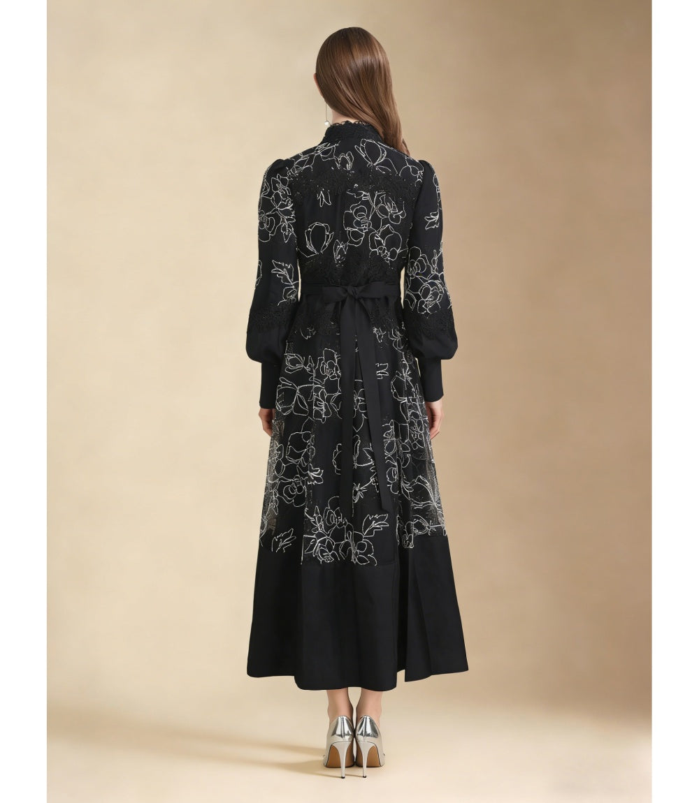 CM-DY069583 Women Elegant European Style Stand Collar Long Sleeve Pinched Waist Maxi Dress - Black