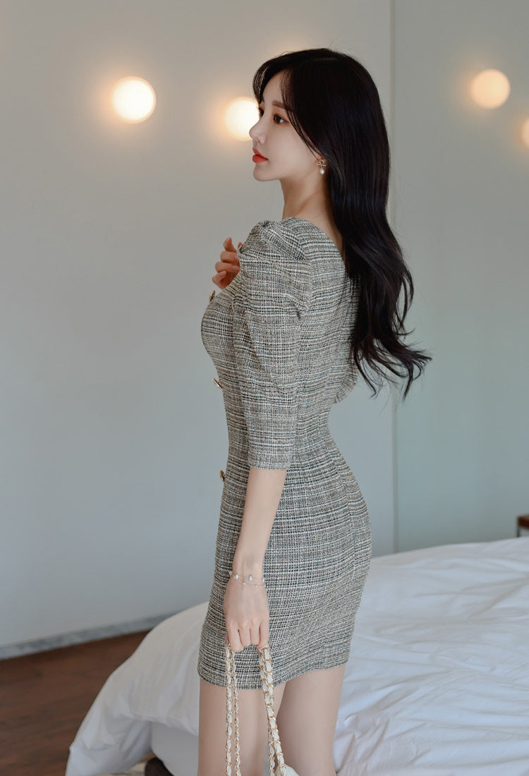 CM-DY069588 Women Elegant Seoul Style Square Neck Half Sleeve Double-Breasted Mini Dress