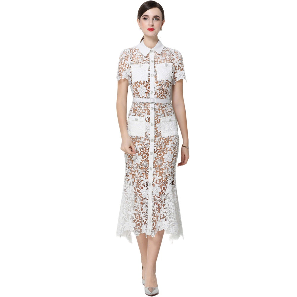 CM-DY070339 Women Elegant European Style Collar Neckline Short Sleeve Single-Breasted Belted Mermaid Dress - White